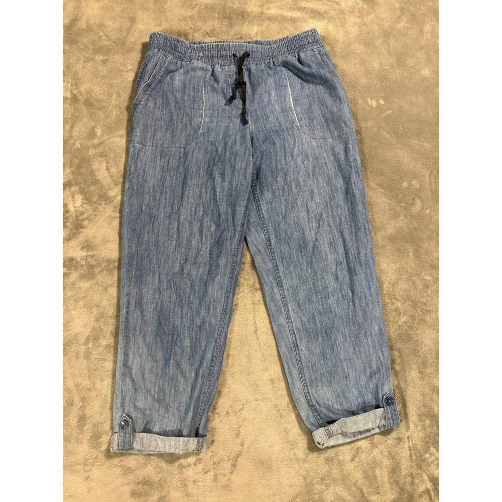 Talbots Women Chambray Cropped Pants Size M Blue Cotton Elastic Drawstring Waist